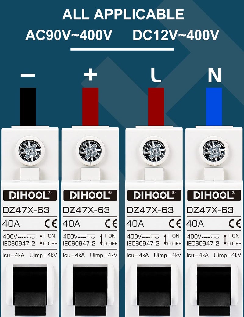 DIHOOL AC/DC Miniature Circuit Breakers, 2 Pack, Single Pole 40 Amp, 12V 24V 48V 400V, Non Polarized, Solar Disconnect Switch, DIN Rail Mount, RV Battery Isolator, PV Array MCB, Thermal Magnetic Trip - Image 4
